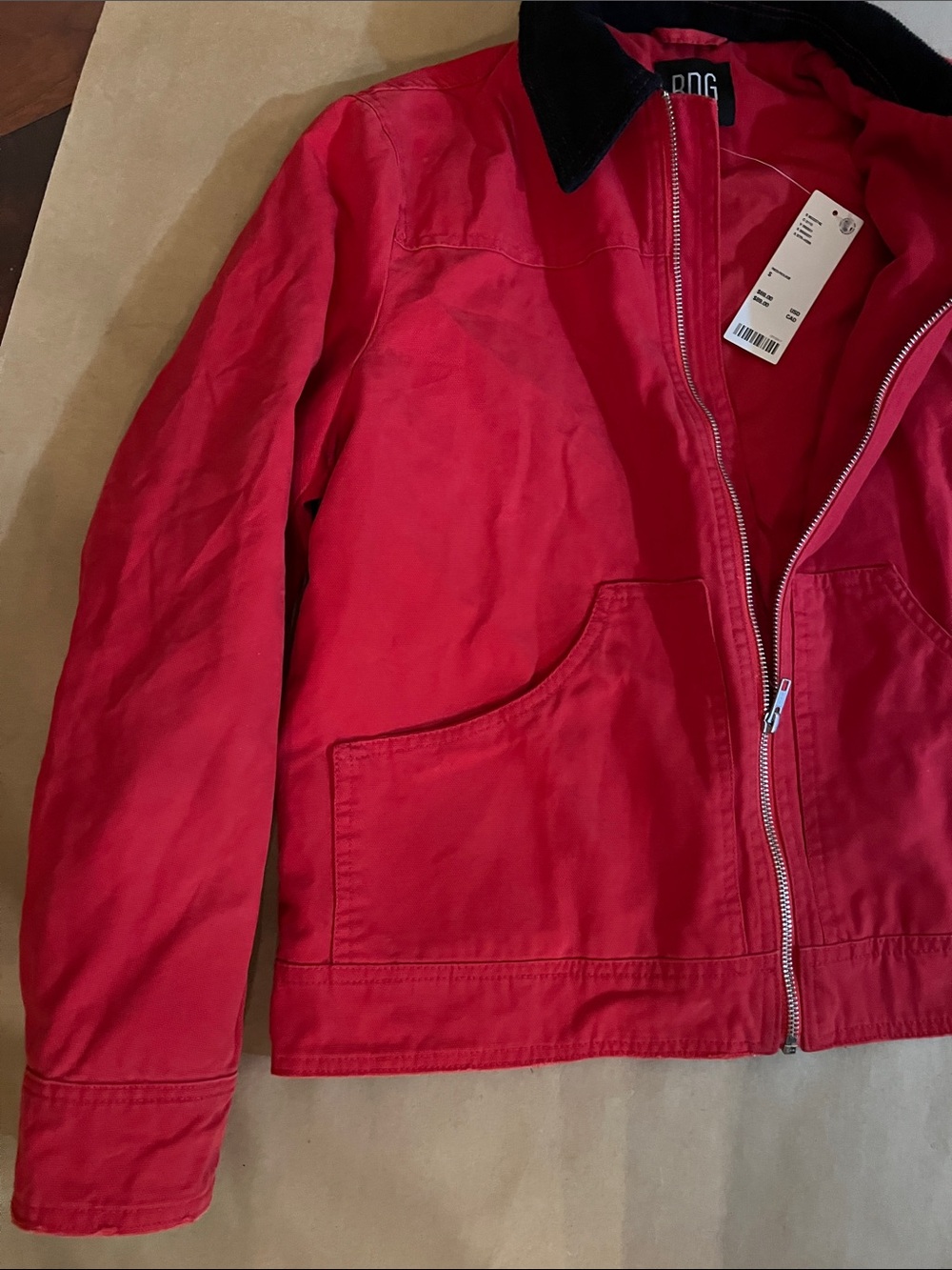 BDG Red Zip-Front Utility Jacket with Black Corduroy Collar and Cuffs - Picture 5 of 5